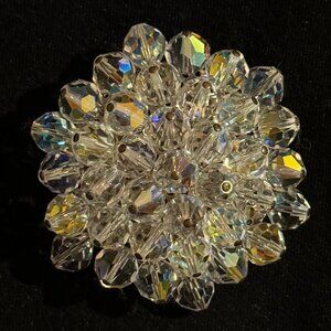 Vintage Round Brooch Pin with Aurora Borealis & Clear Crystal Beads Silver Tone